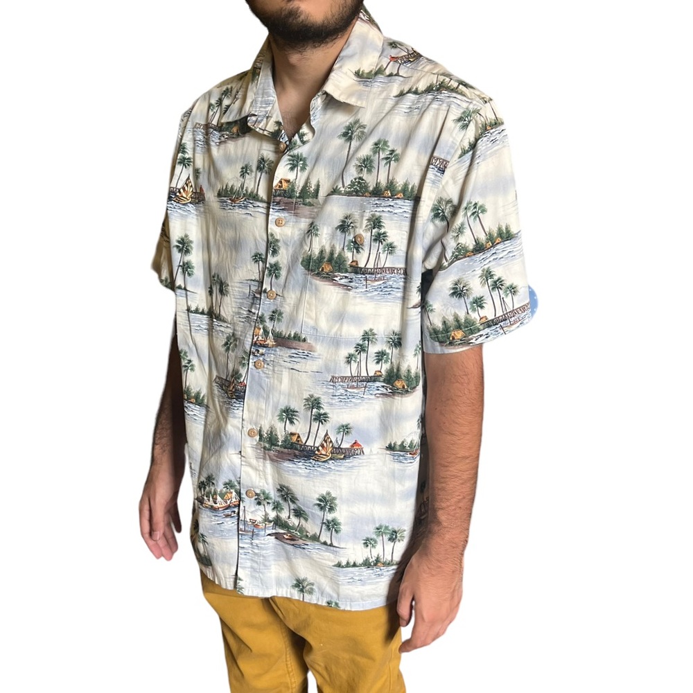Campa Men’s 100% Cotton Beige Palm Tress Print Casual Button Down Hawaiian Shirt